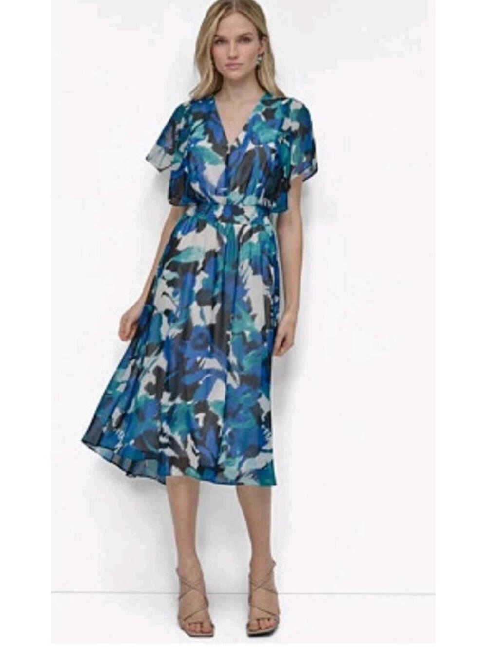 DKNY Women's Dress 16W Printed Flutter-Sleeve Midi Ivory Multi  NWT $138 #AA